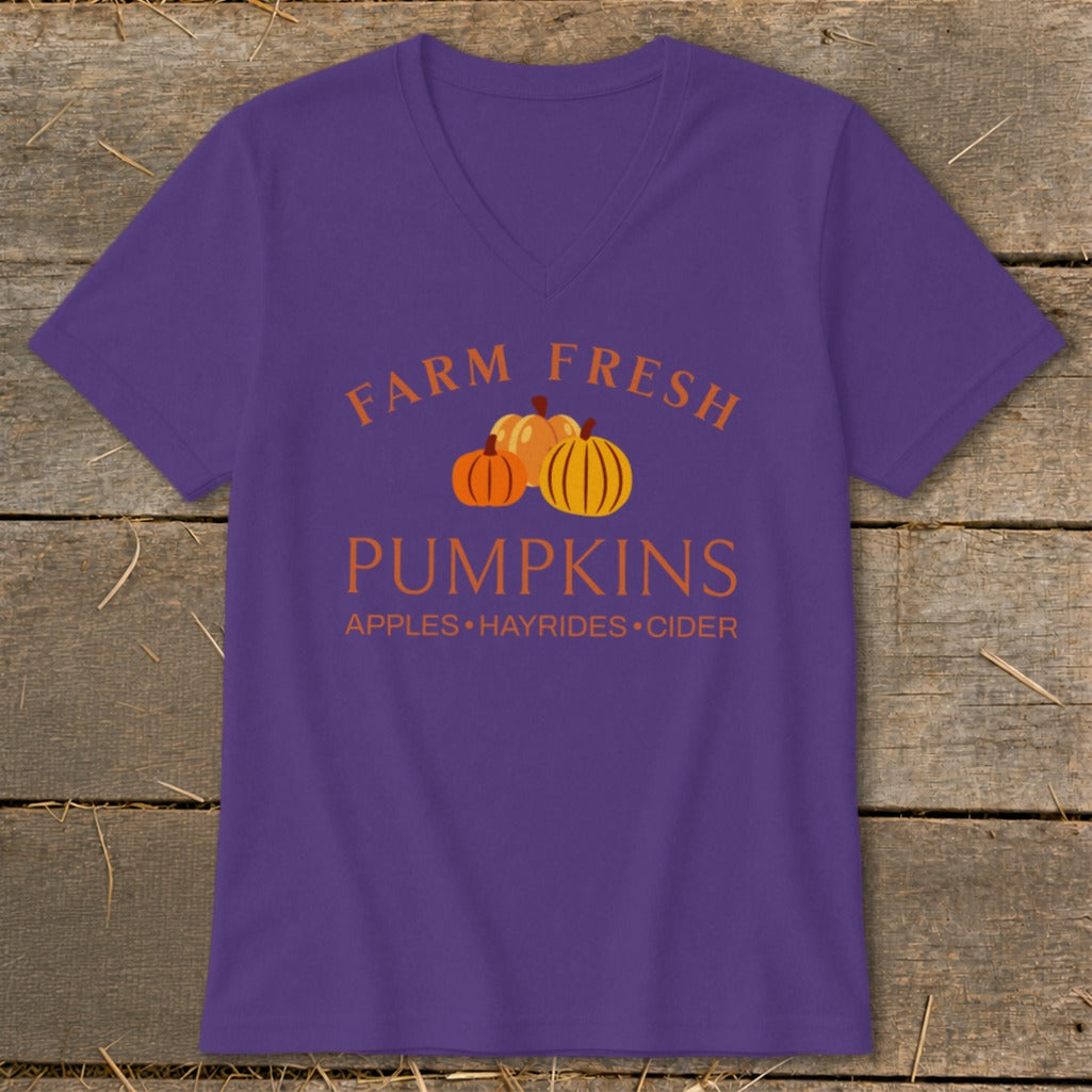 Purple v-neck t-shirt with "Farm Fresh Pumpkins" and fall activities text.