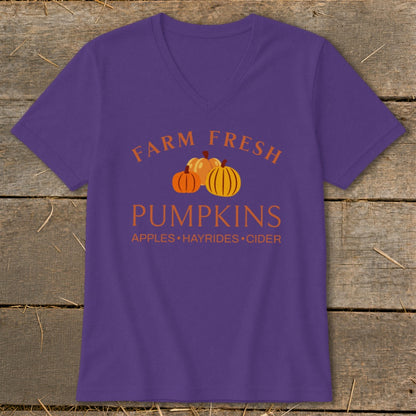 Purple v-neck t-shirt with "Farm Fresh Pumpkins" and fall activities text.