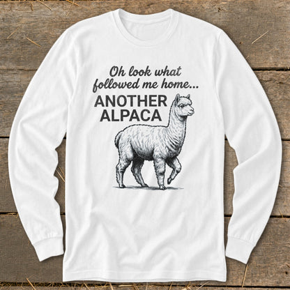 White long sleeve shirt with black alpaca illustration and text "ANOTHER ALPACA".