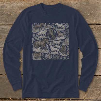 Navy long-sleeve shirt with a detailed vintage horse illustration print.