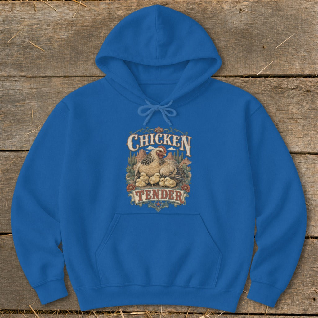 Blue hoodie with "Chicken Tender" graphic featuring a hen and chicks.