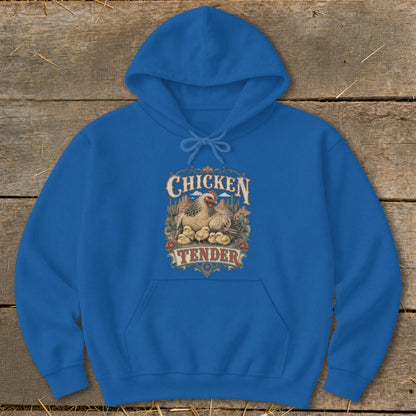 Blue hoodie with "Chicken Tender" graphic featuring a hen and chicks.