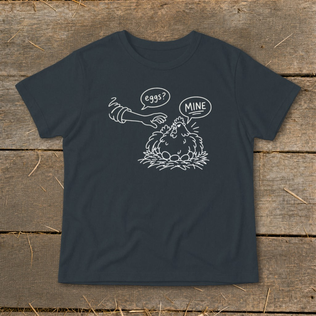 Chicken guarding eggs with "Mine" speech bubble, hand reaching for "eggs?"