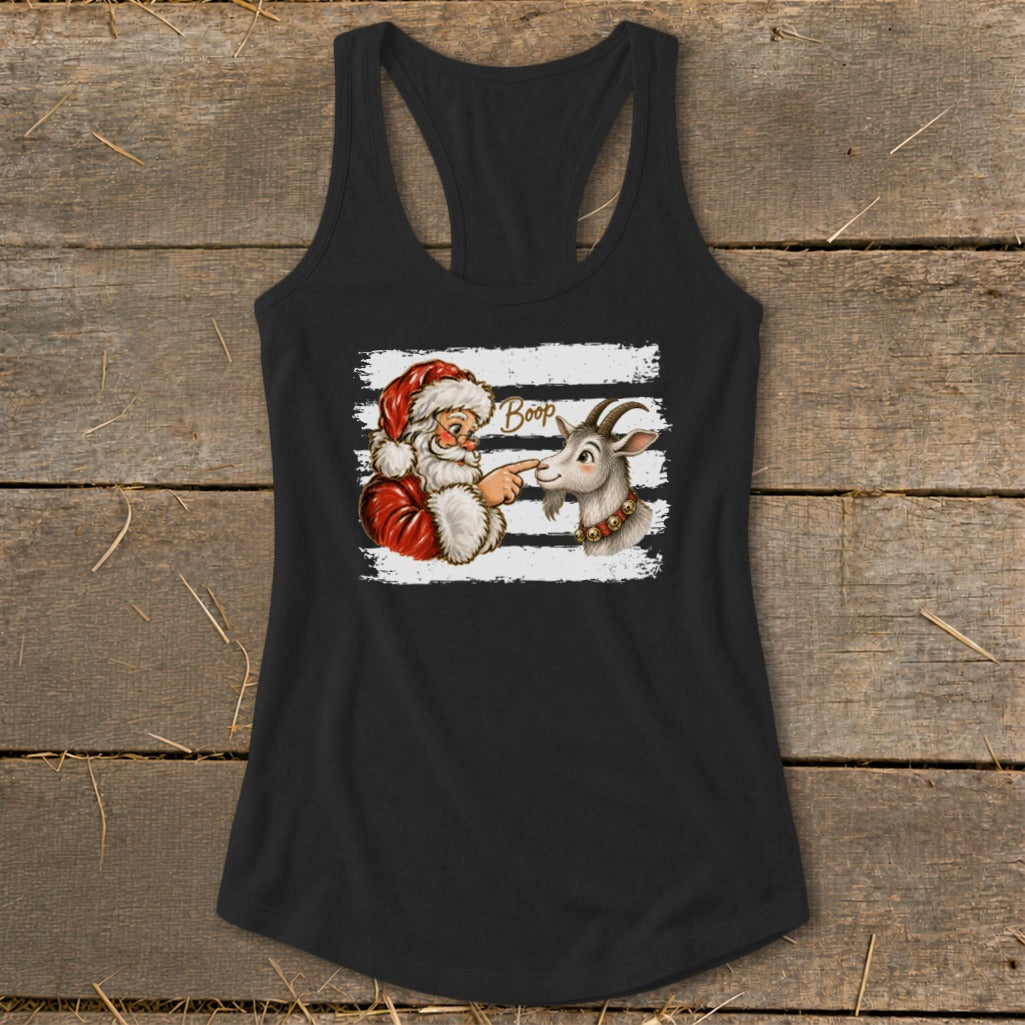 Santa booping a goat with "Boop" text on a black tank top.