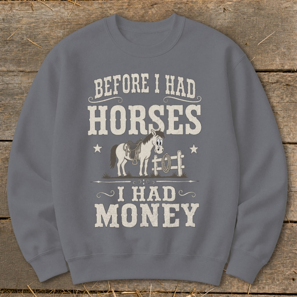 Gray sweatshirt with "Before I Had Horses, I Had Money" text and cartoon horse graphic.