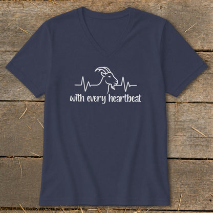 Navy v-neck t-shirt with a white goat heartbeat graphic and text.