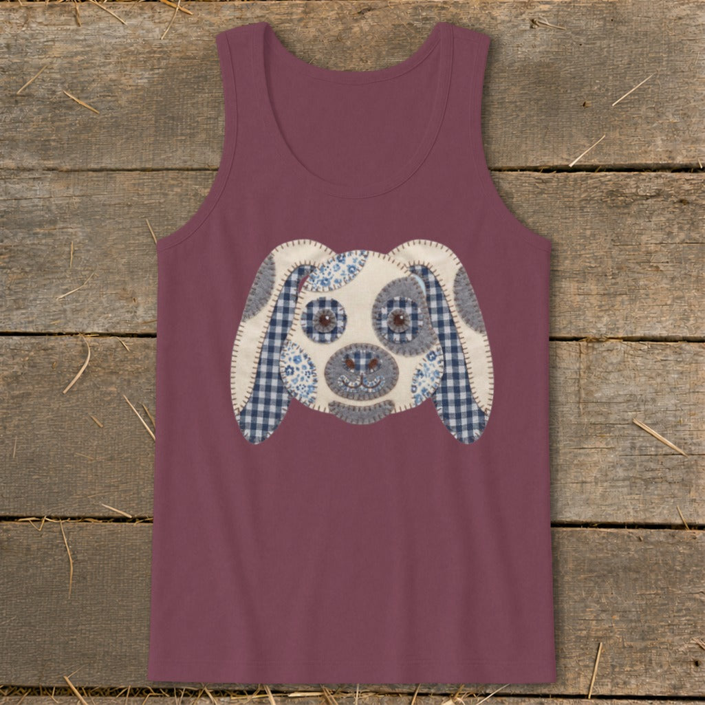 Burgundy tank top with a stitched fabric dog face applique.