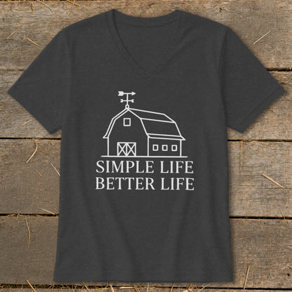 Dark gray t-shirt with white barn graphic and text "SIMPLE LIFE BETTER LIFE".