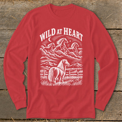 Red long sleeve shirt with white "WILD AT HEART" text and horse graphic.