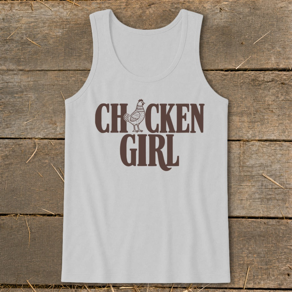 Light gray tank top with brown "CHICKEN GIRL" text and chicken graphic.