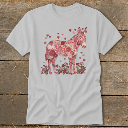 Light grey t-shirt with a donkey made of pink flowers and hearts.