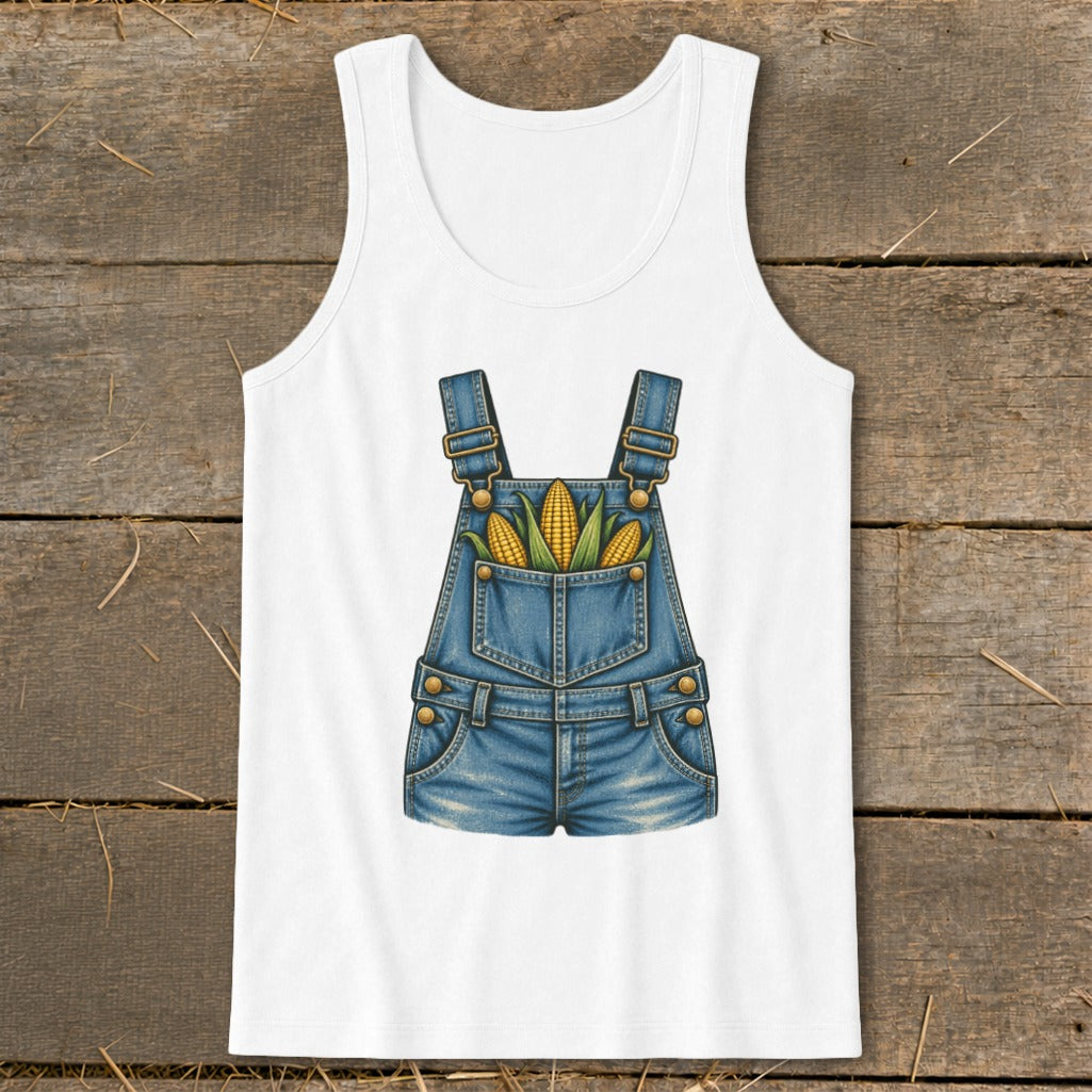 White tank top with denim overalls graphic featuring corn cobs in the pocket.