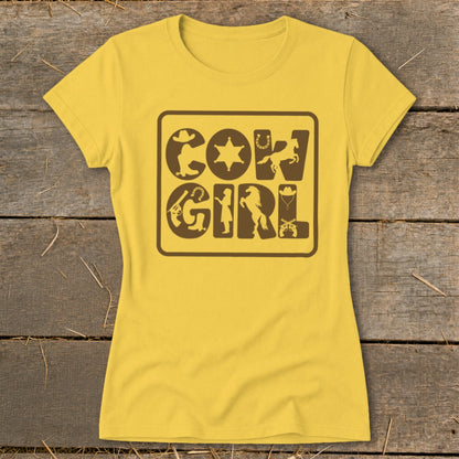 Yellow t-shirt with "COW GIRL" graphic featuring Western-themed icons.