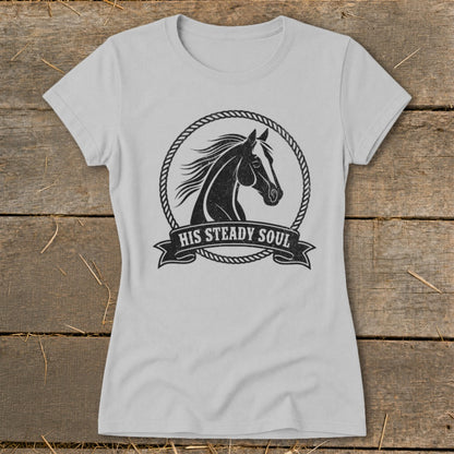 Light grey t-shirt with a black distressed graphic of a horse's head in a rope circle and the text "HIS STEADY SOUL".