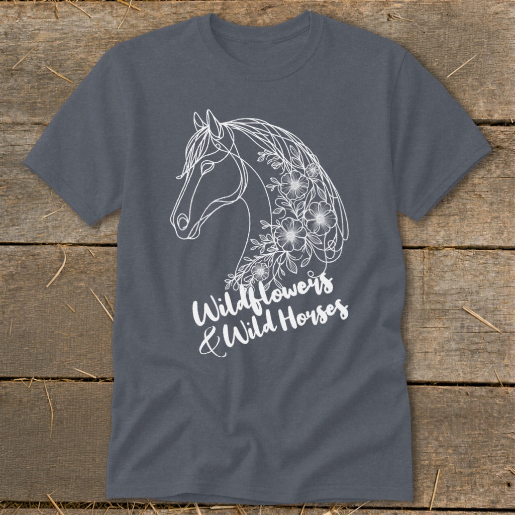 Dark gray t-shirt with white line art of a horse and wildflowers, reading "Wildflowers & Wild Horses".