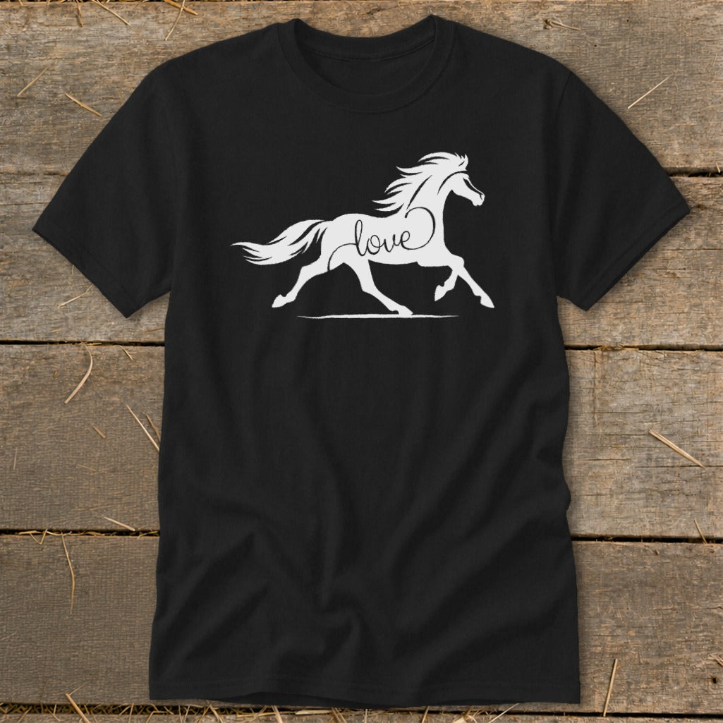 Black t-shirt with a white silhouette of a running horse and the word "love."