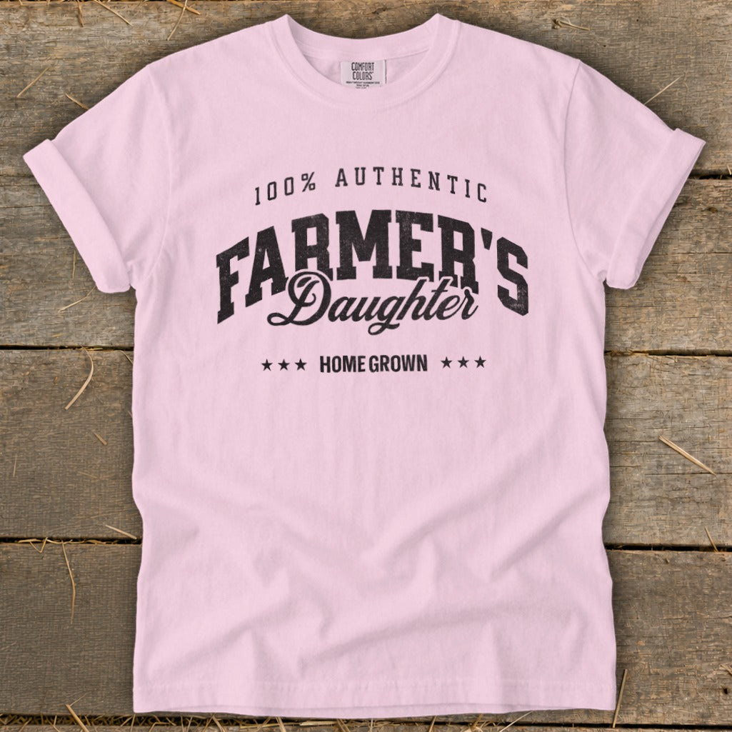 Light pink t-shirt with "100% Authentic Farmer's Daughter Homegrown" text.