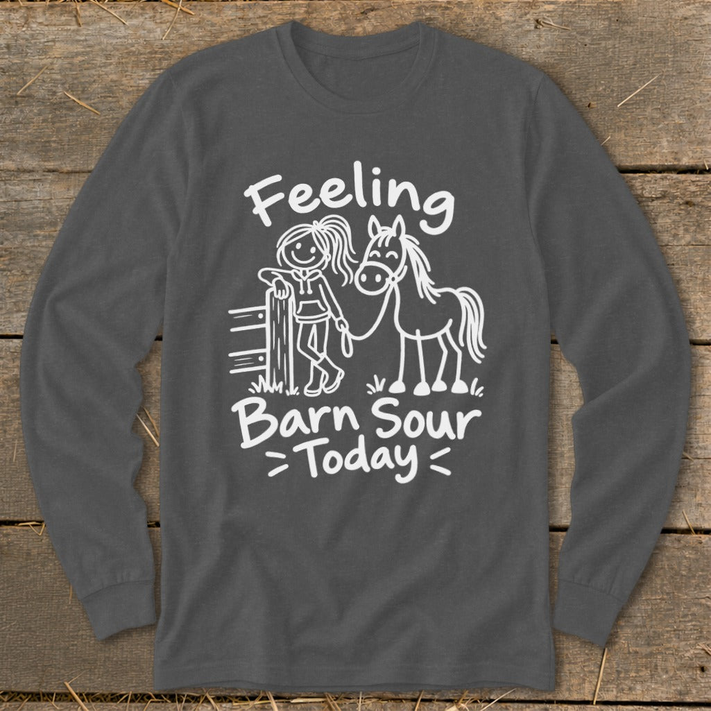 Dark grey long sleeve shirt with white text and a drawing of a girl and a horse.