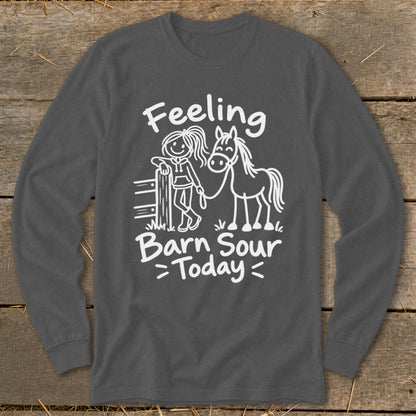 Dark grey long sleeve shirt with white text and a drawing of a girl and a horse.