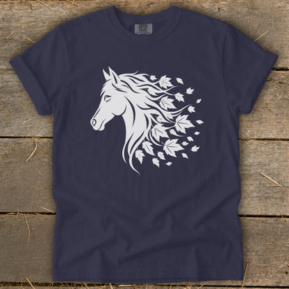 Navy t-shirt with white horse head and autumn leaves design.