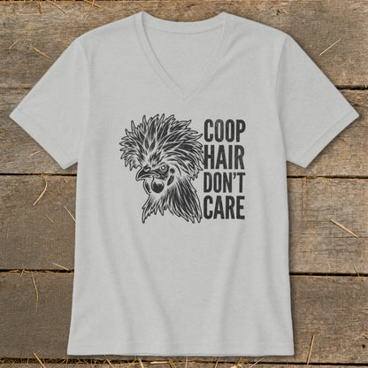 Light grey t-shirt with a drawing of a chicken and text "COOP HAIR DON'T CARE".