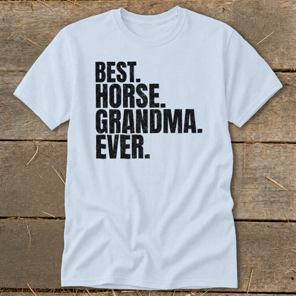Light blue t-shirt with "BEST. HORSE. GRANDMA. EVER." text.