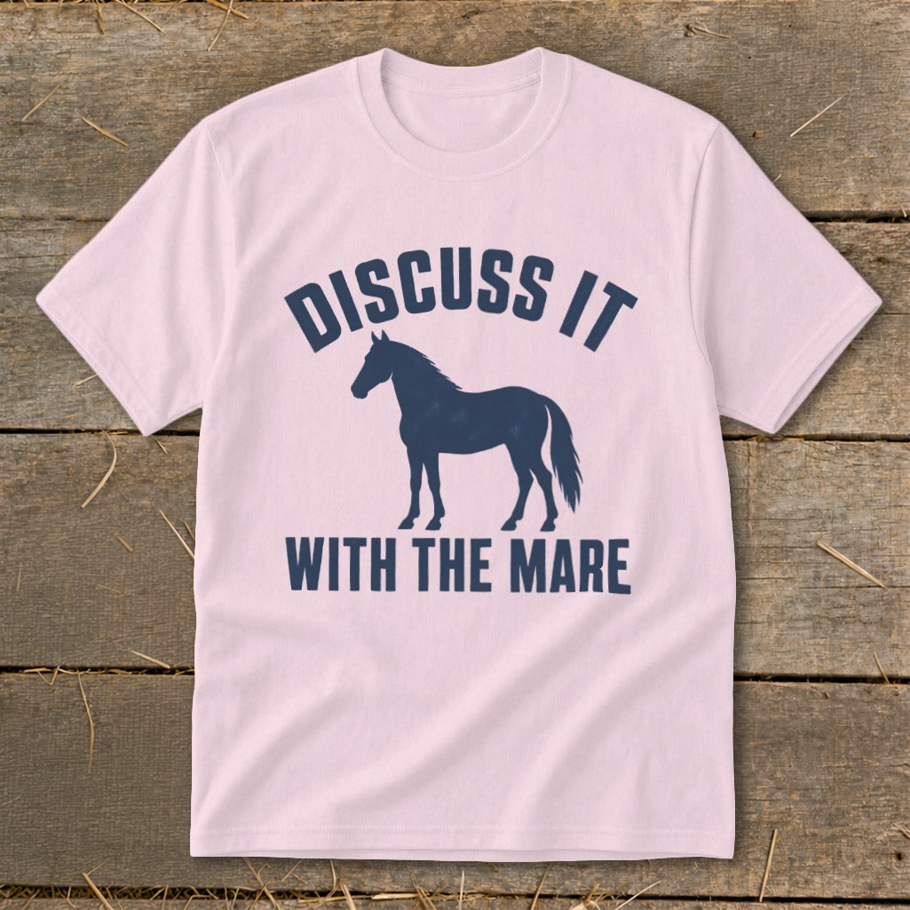 Pink t-shirt with a dark blue horse silhouette and "Discuss it with the mare" text.