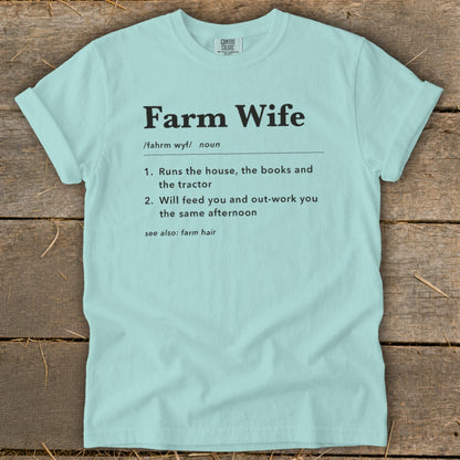 Light blue t-shirt with "Farm Wife" definition text.