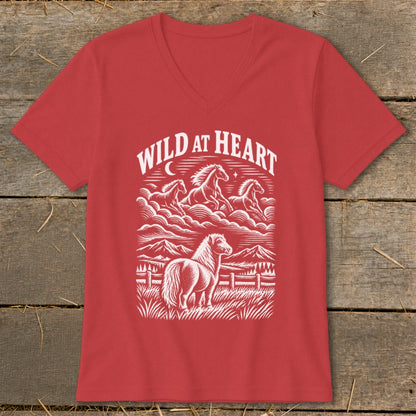 Red v-neck t-shirt with white screen print of horses and "WILD AT HEART" text.