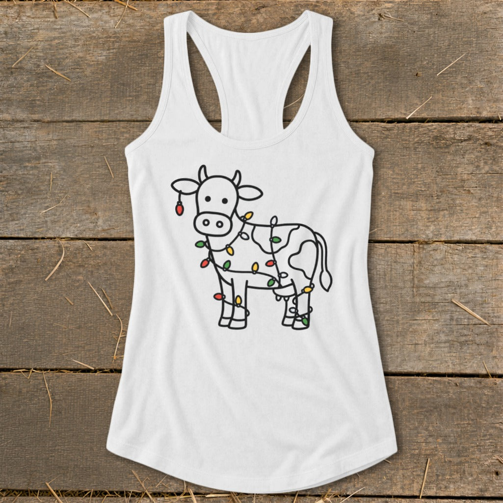 White tank top with a cartoon cow wrapped in colorful Christmas lights.