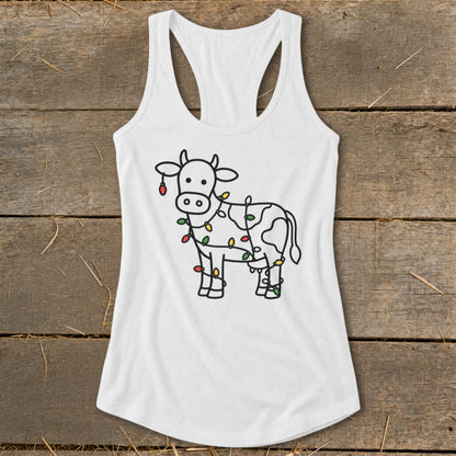 White tank top with a cartoon cow wrapped in colorful Christmas lights.