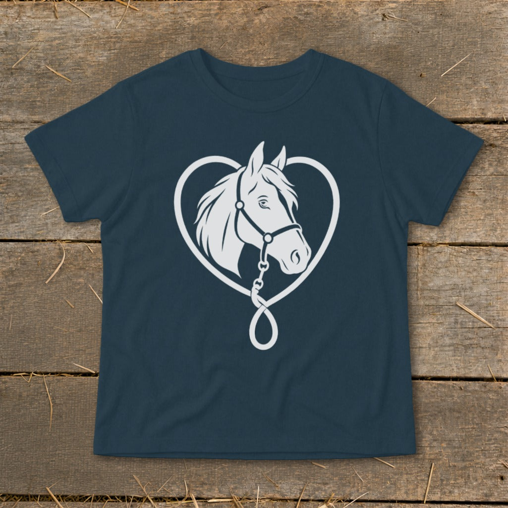A dark blue t-shirt printed with a white graphic of a horse head inside a heart outline.