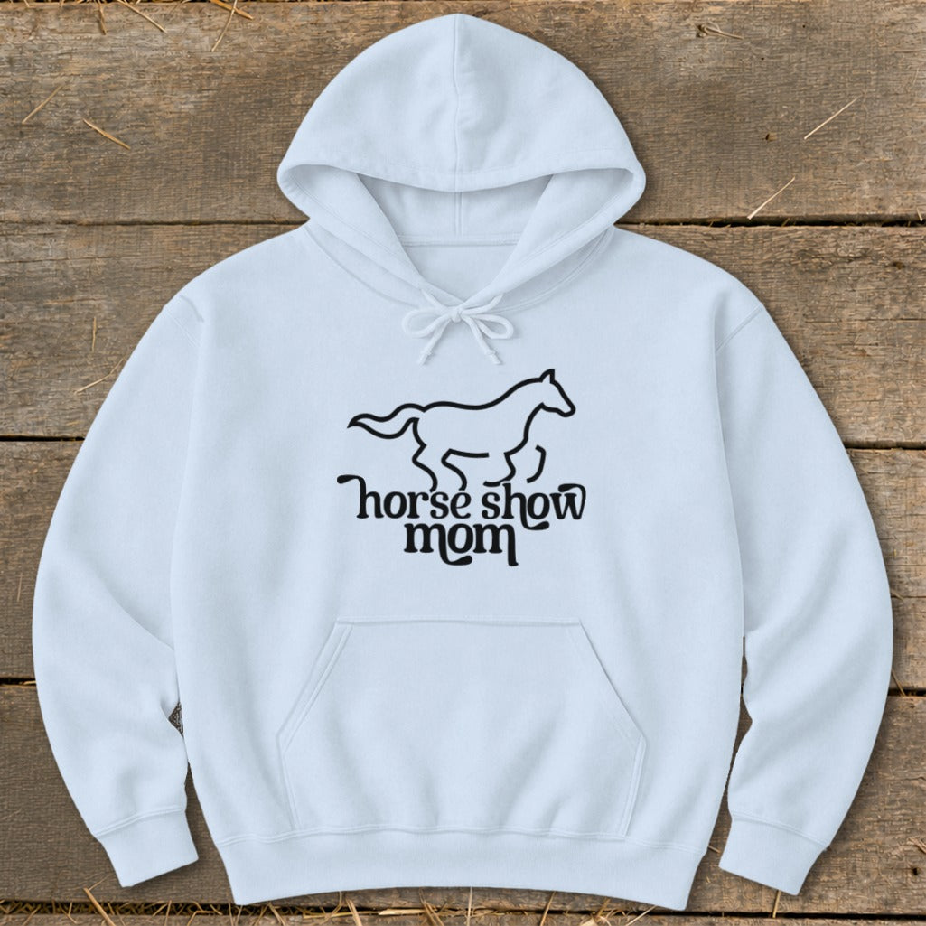 White hoodie with black horse graphic and "horse show mom" text.
