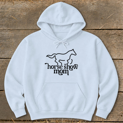 White hoodie with black horse graphic and "horse show mom" text.