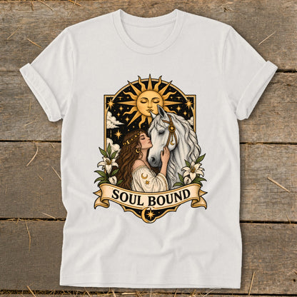 White t-shirt featuring a woman embracing a white horse under a sun and stars, with "SOUL BOUND" text.