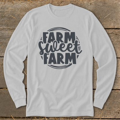 White long-sleeved shirt with "Farm Sweet Farm" text graphic.