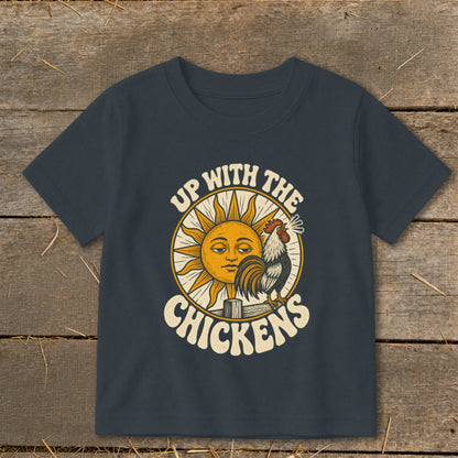 Dark gray short-sleeved t-shirt featuring a retro graphic of a sun and rooster with text reading "UP WITH THE CHICKENS."