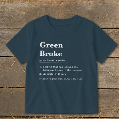A dark blue t-shirt printed with a satirical dictionary definition of the term green broke.