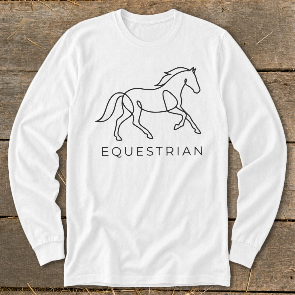 White long-sleeved shirt with black line drawing of a horse and "EQUESTRIAN" text.