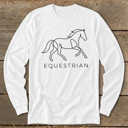 White long-sleeved shirt with black line drawing of a horse and "EQUESTRIAN" text.