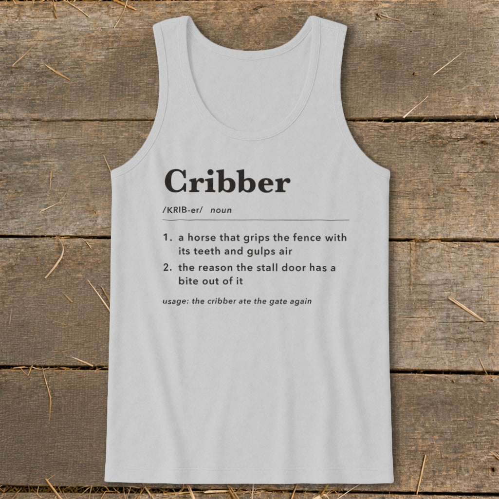 Light gray women's tank top with a humorous dictionary definition of Cribber printed in black.