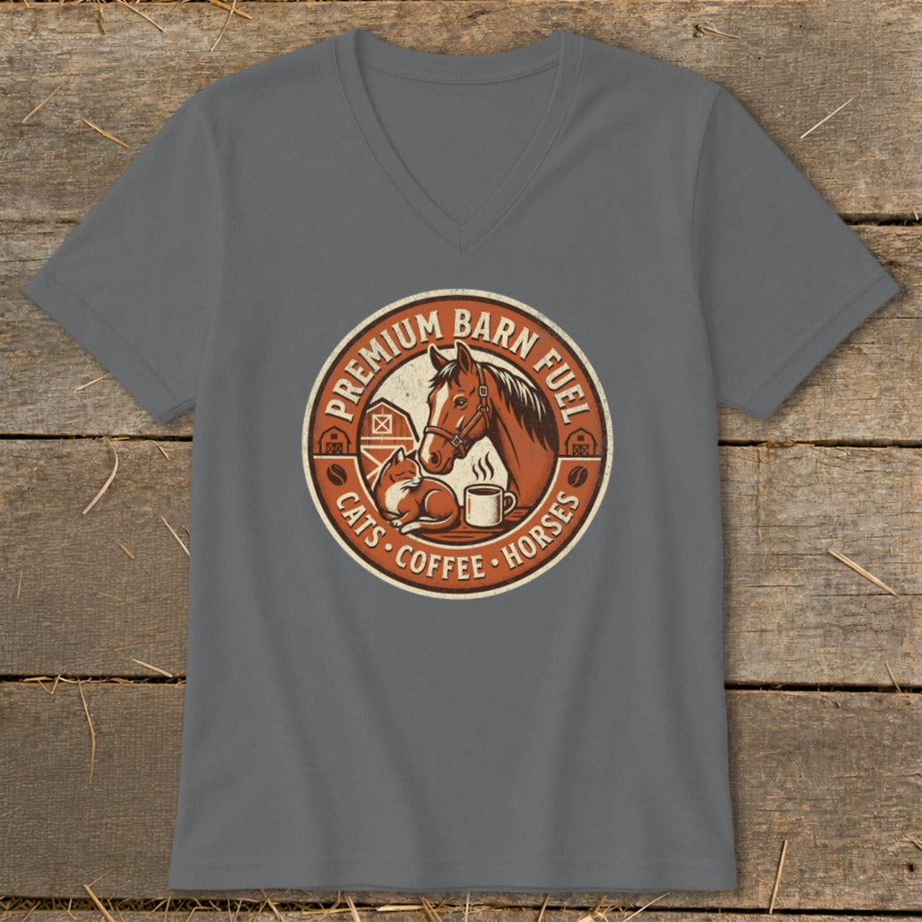 T-shirt graphic with horse, cat, barn, and coffee cup with text "Premium Barn Fuel"