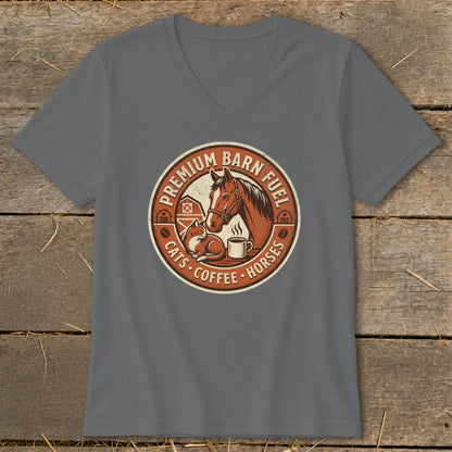 T-shirt graphic with horse, cat, barn, and coffee cup with text "Premium Barn Fuel"