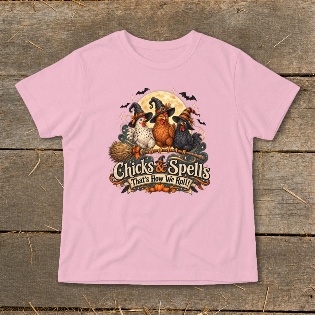 Pink t-shirt with three witch chickens on a broom and the text "Chicks & Spells That's How We Roll!".
