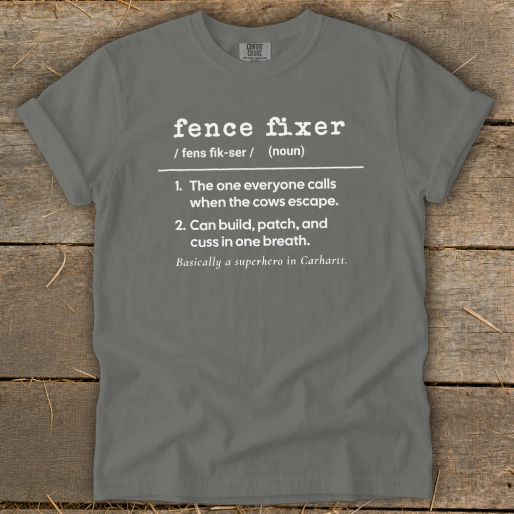 Gray t-shirt with white text defining "fence fixer" as a superhero.
