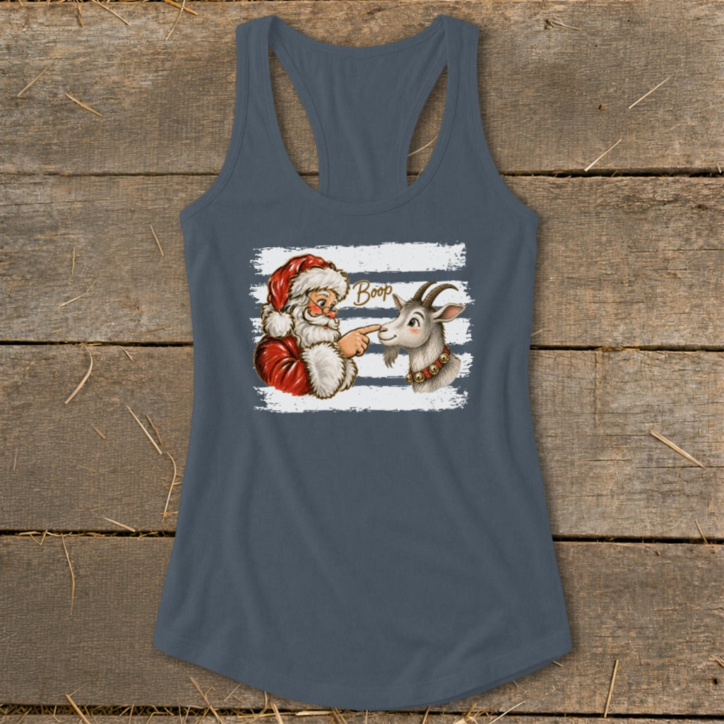 Santa boops a goat with "Boop" text on a white striped background.