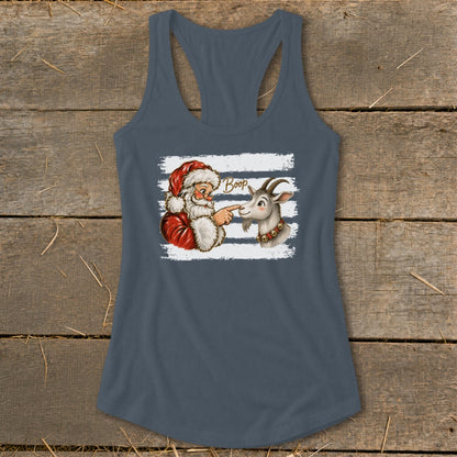 Santa boops a goat with "Boop" text on a white striped background.
