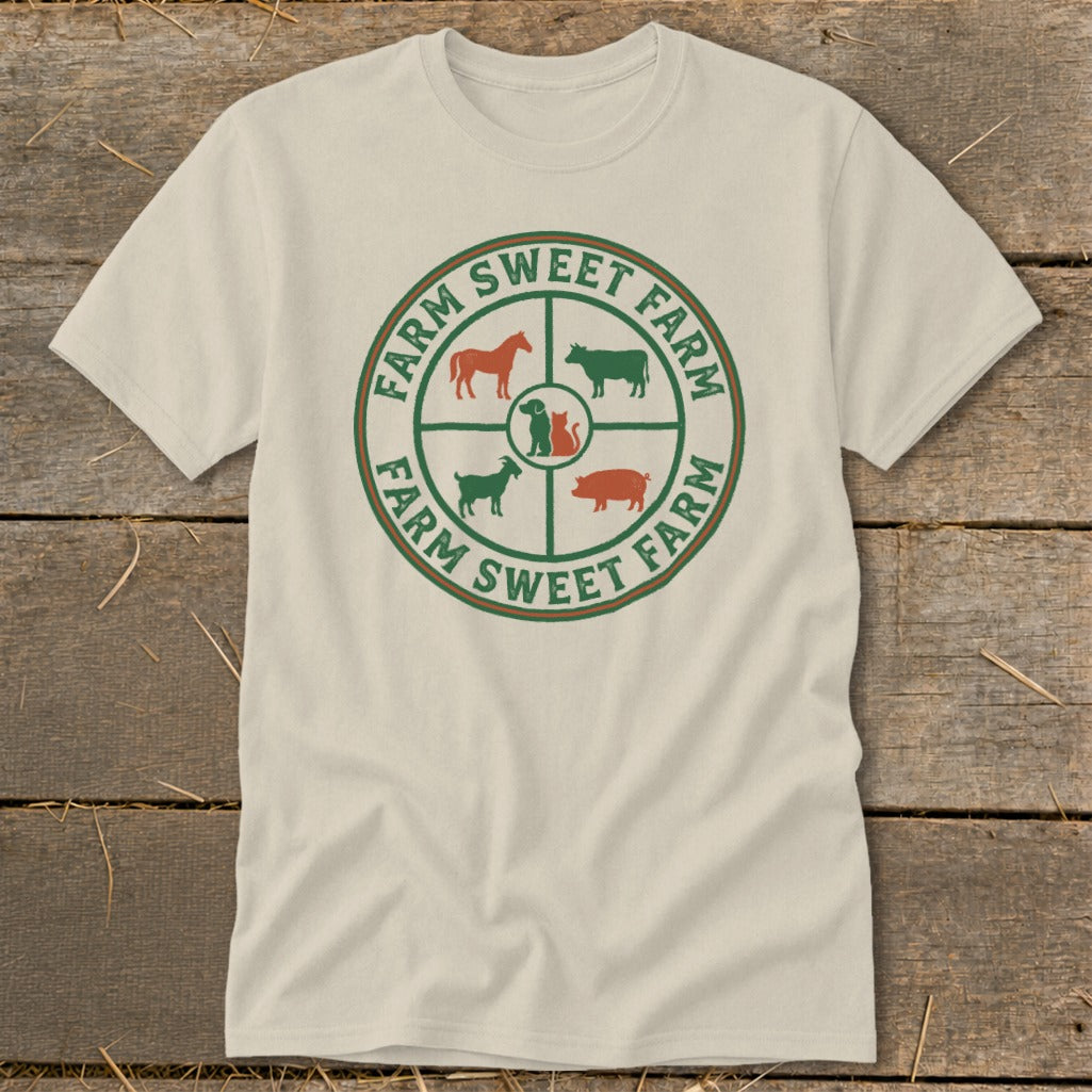 T-shirt with circular "FARM SWEET FARM" graphic and farm animal silhouettes.