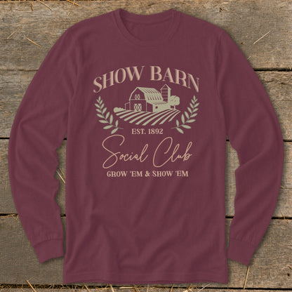 Maroon long-sleeve shirt with "Show Barn Social Club" graphic and farm illustration.