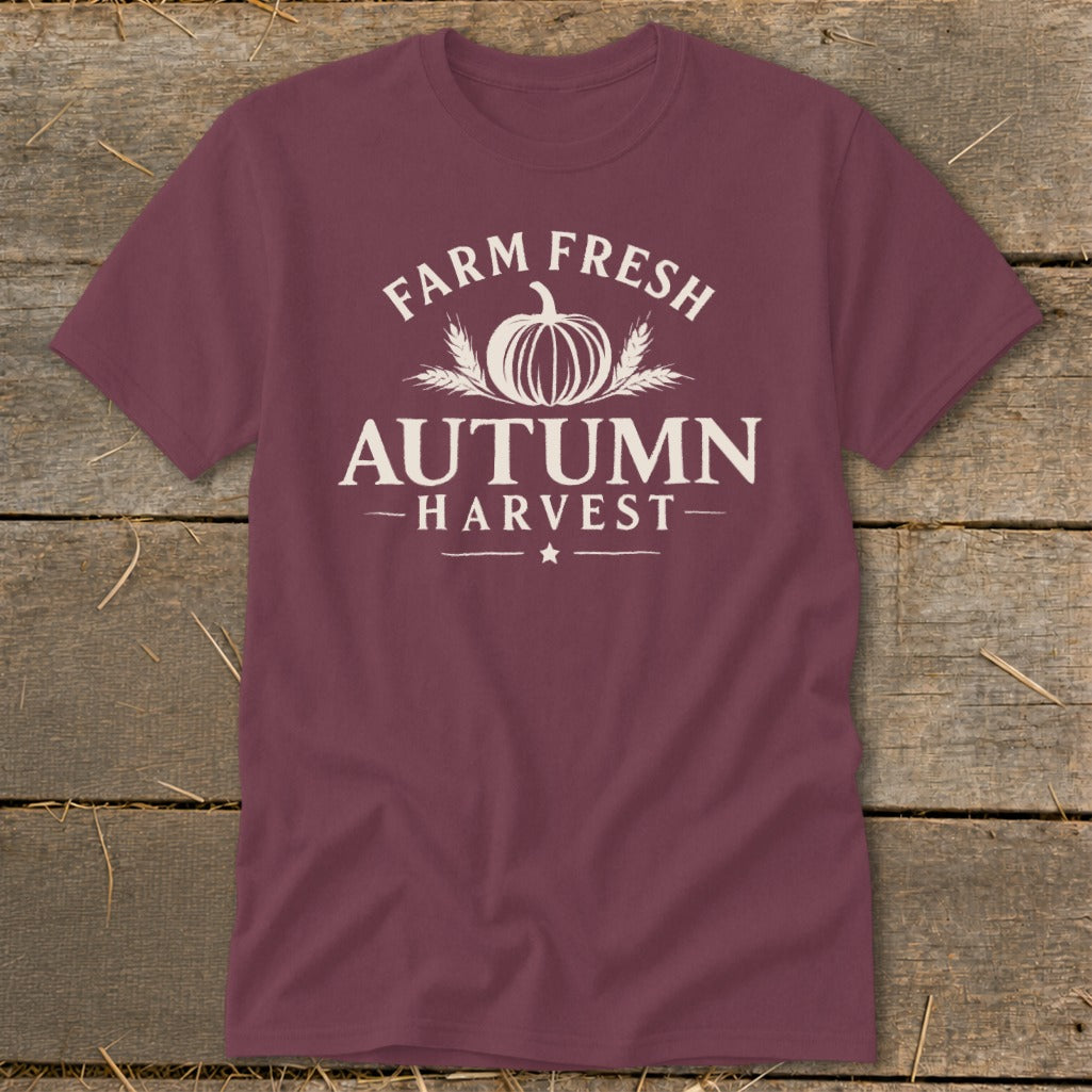 Burgundy t-shirt with white "Farm Fresh Autumn Harvest" text and pumpkin graphic.
